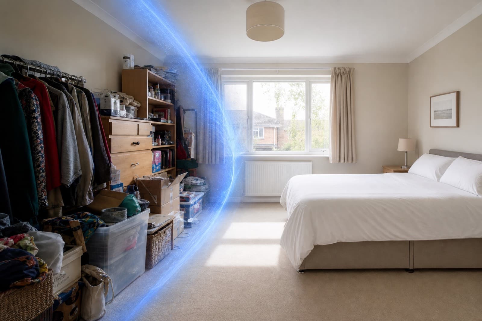A room before and after virtual decluttering