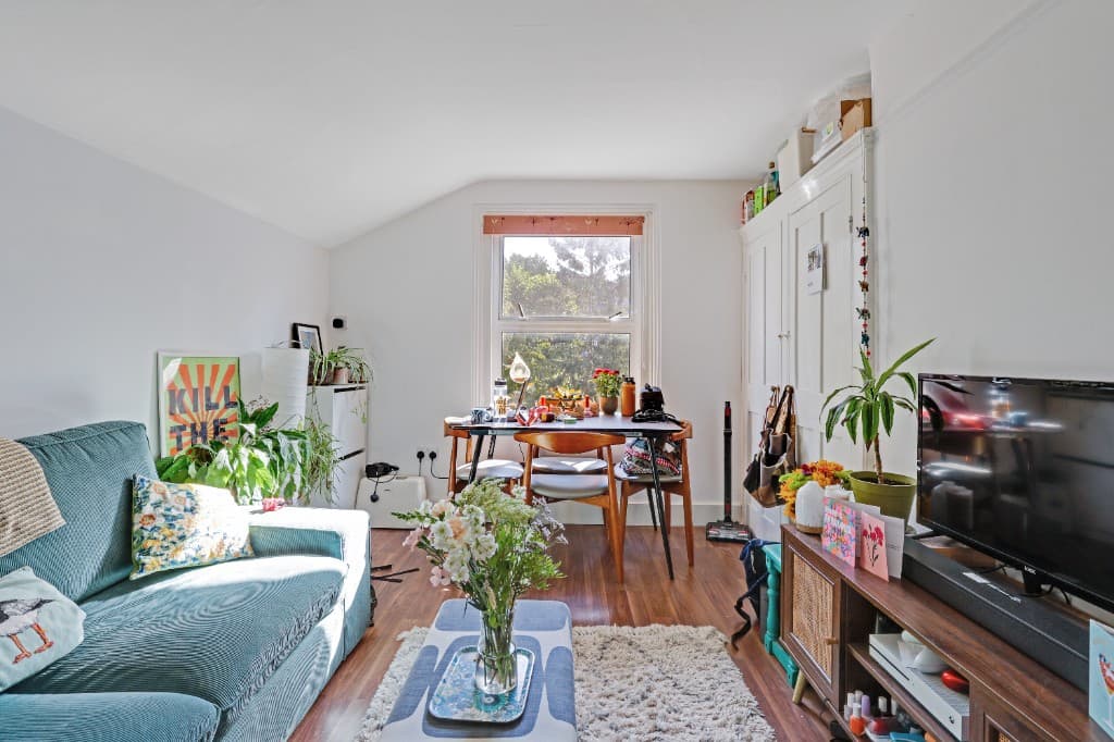 Photo decluttering software before — lived-in living and dining room with clutter on the table, TV stand and floor