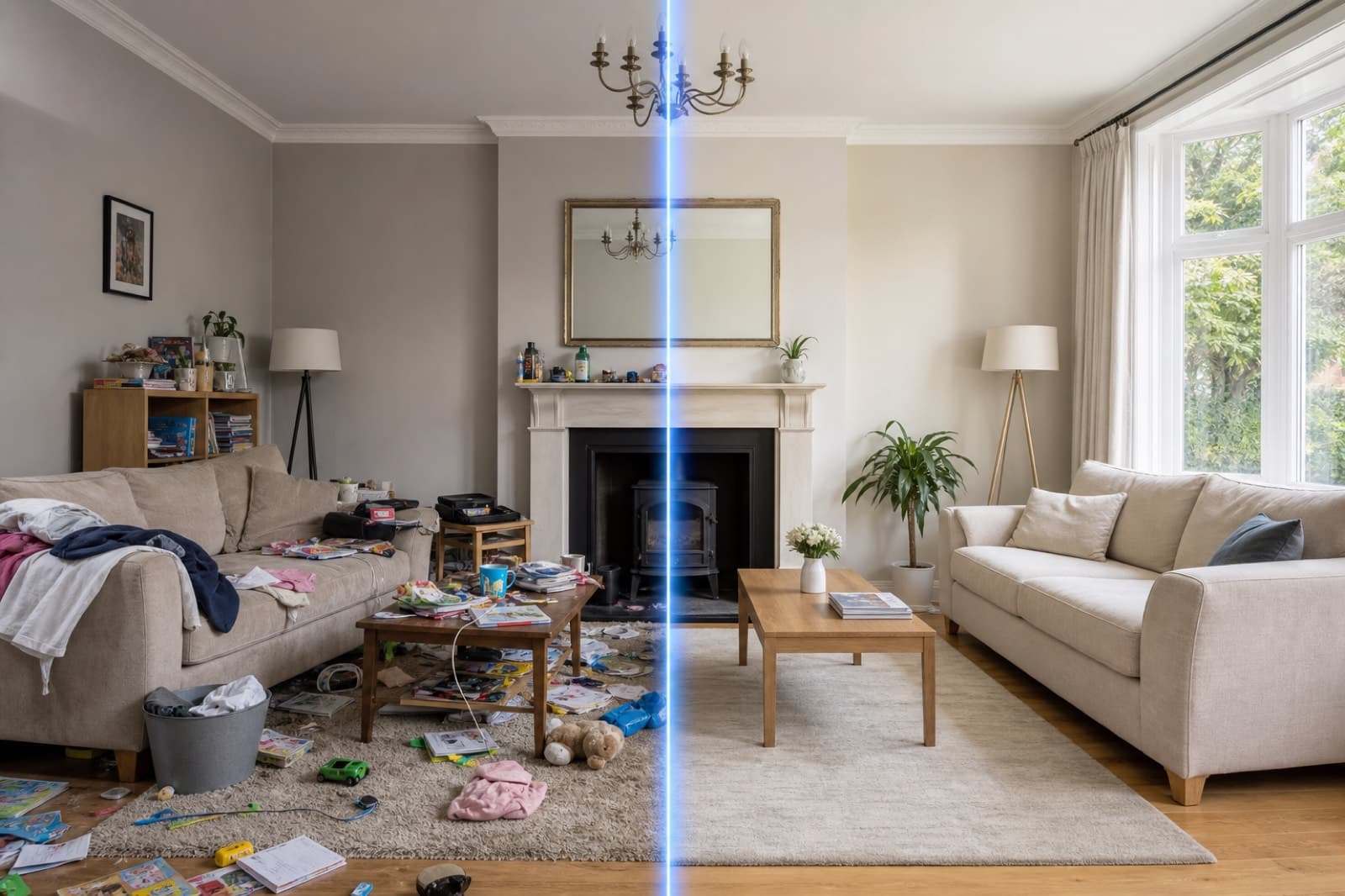 Cluttered room being tidied with AI photo cleanup