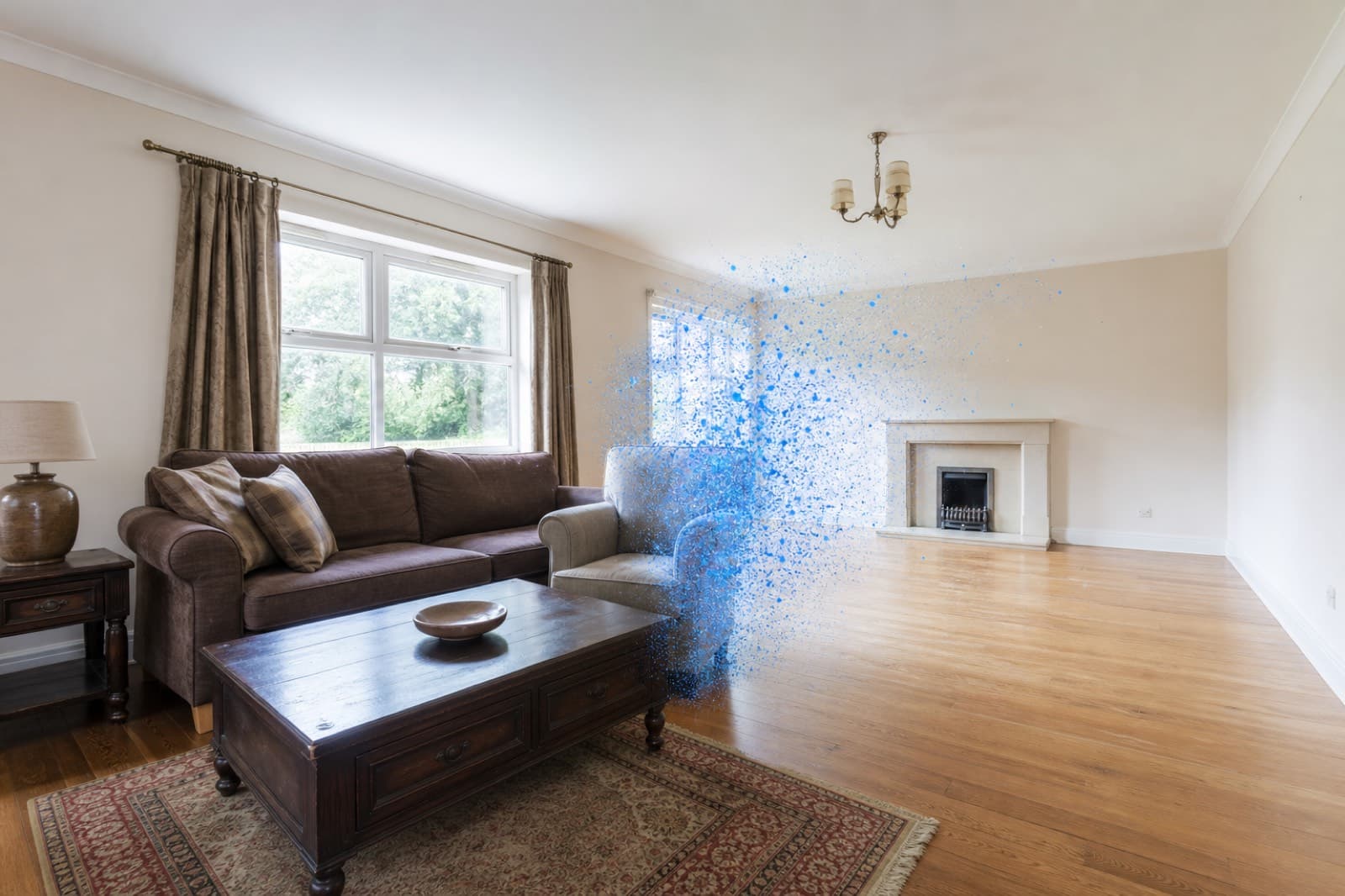 A room with furniture being removed by AI